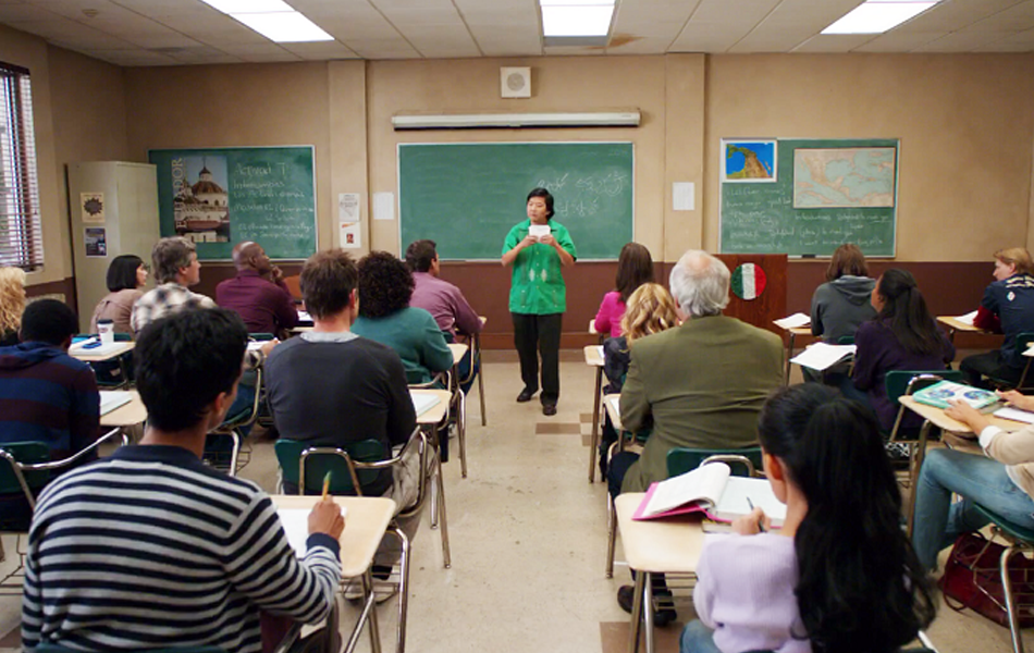 A classroom with students and teacher